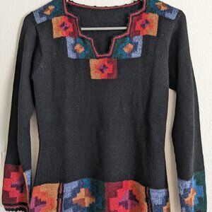 Alpaca Wool Top, Artisanal Made in Peru, Black with Colorful Patterns, xs-s